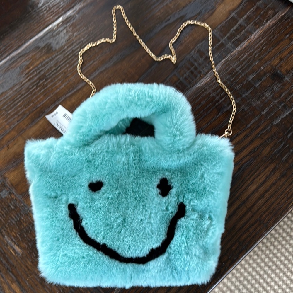 Blue Plush Smiley Face Bag with removable Gold Chain Strap.NWT